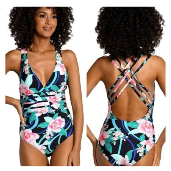 NWOT La Blanca Nightfall Blooms Multi Strap Cross Back  One Piece Swimsuit - Picture 1 of 5
